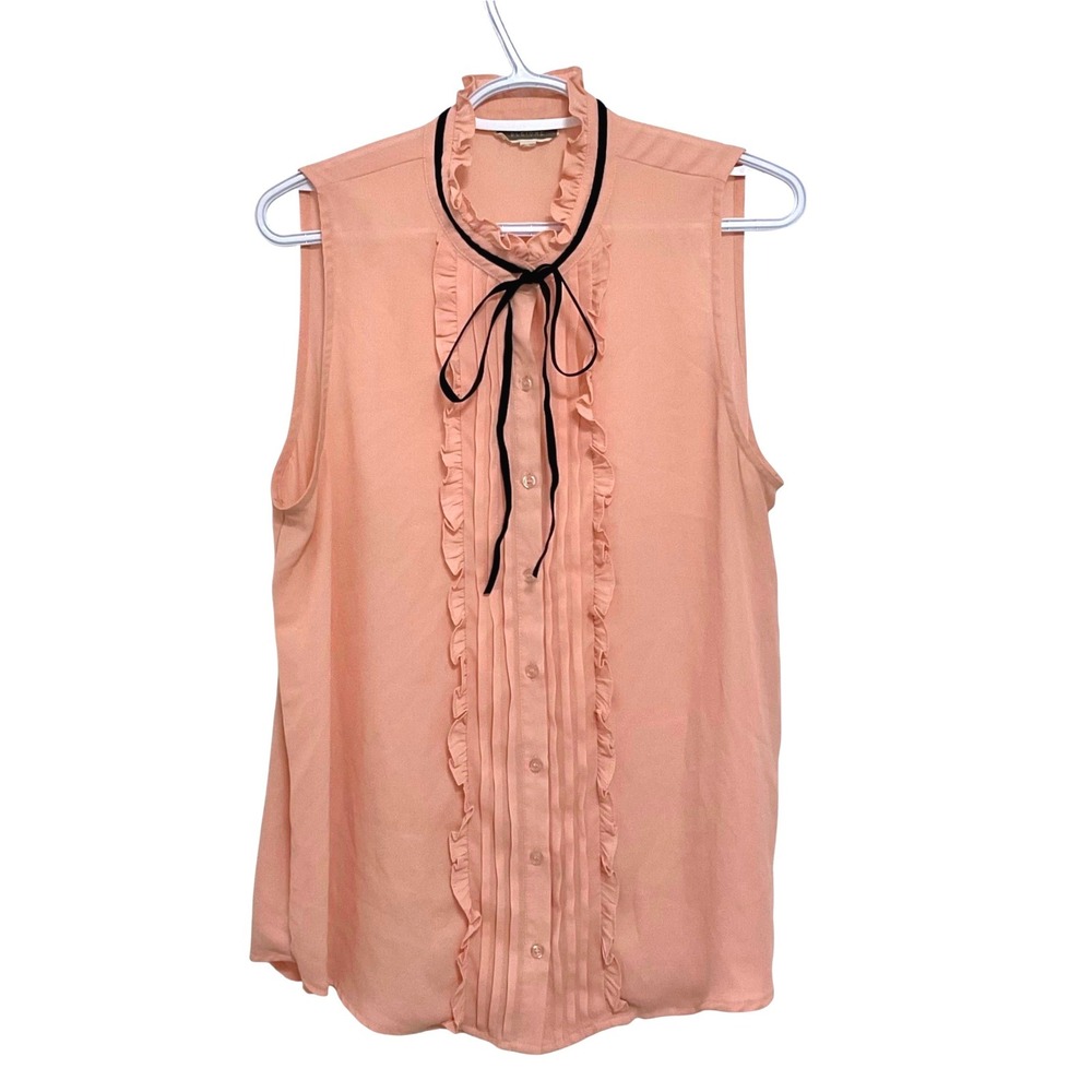 Pleione women's pink blouse button coquette cottage ruffle bow boho sleeveless L